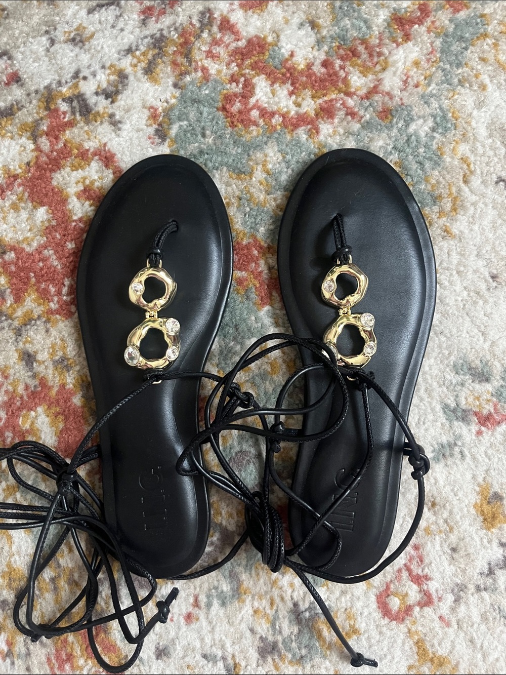 Black Lace-Up Women's Sandals with Gold Accent